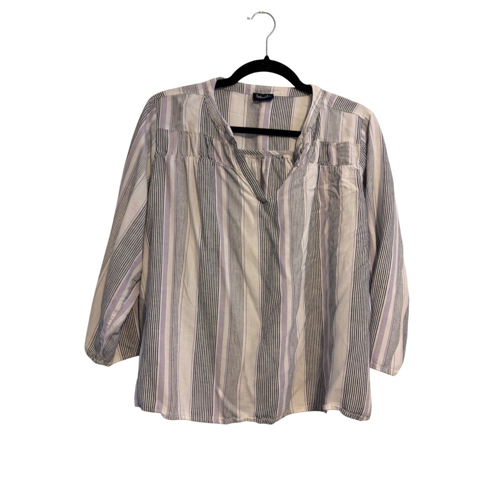 Splendid Womens XL Striped V-Neck Blouse‎ Blue Lavender Linen Blend 3/4 Sleeve